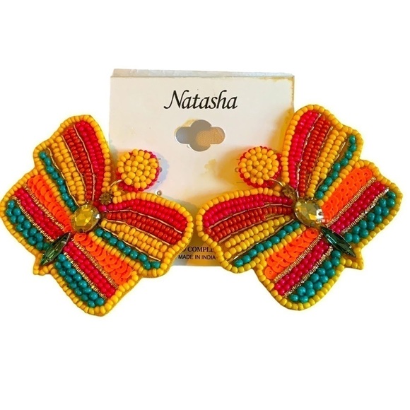 NATASHA Couture Rainbow Bead and Jewel Butterfly Drop Pierced Earrings Stud Back - Picture 6 of 7